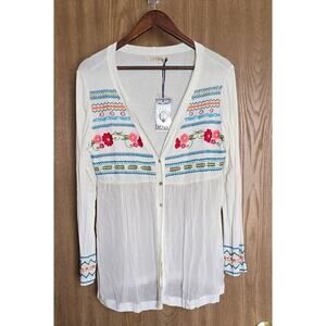 Caite Robyn Embroidered Floral Babydoll Button Front Cardigan Top